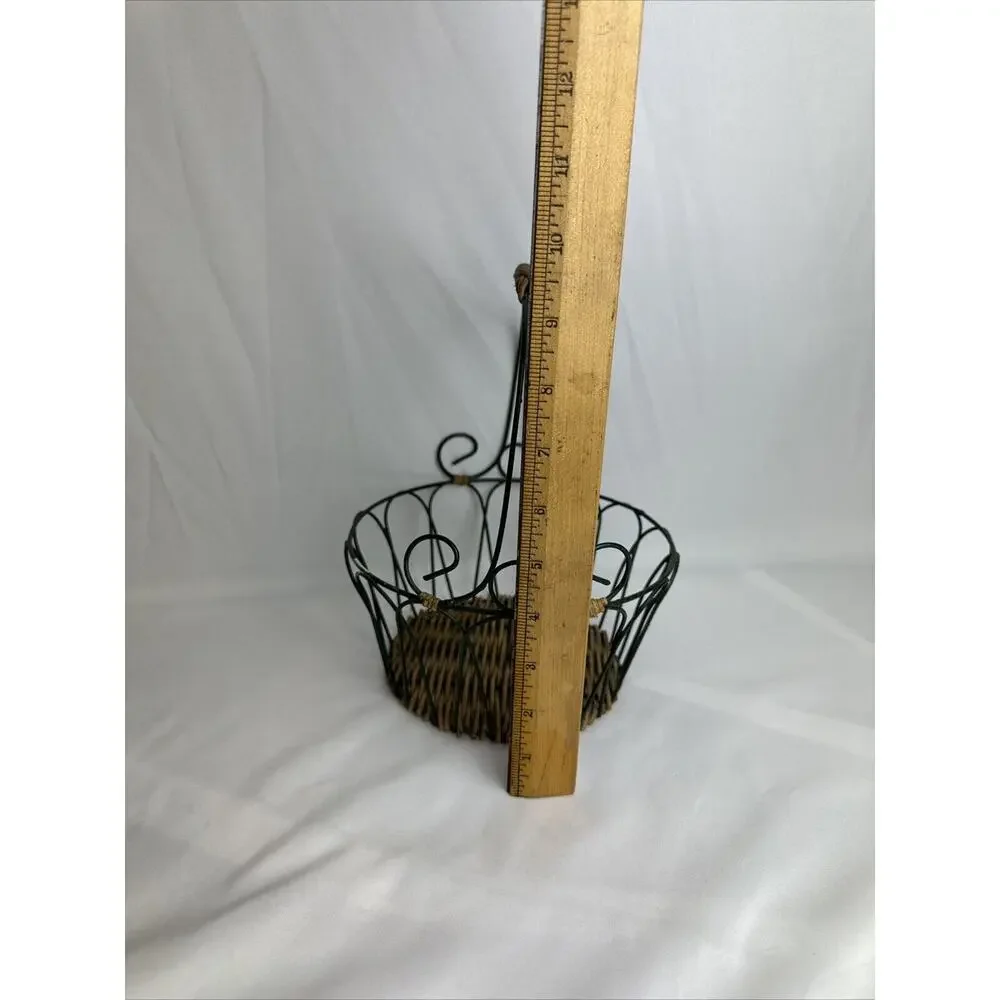 Vintage Wire & Wicker French Country Handled Basket~Dark Green~Farmhouse